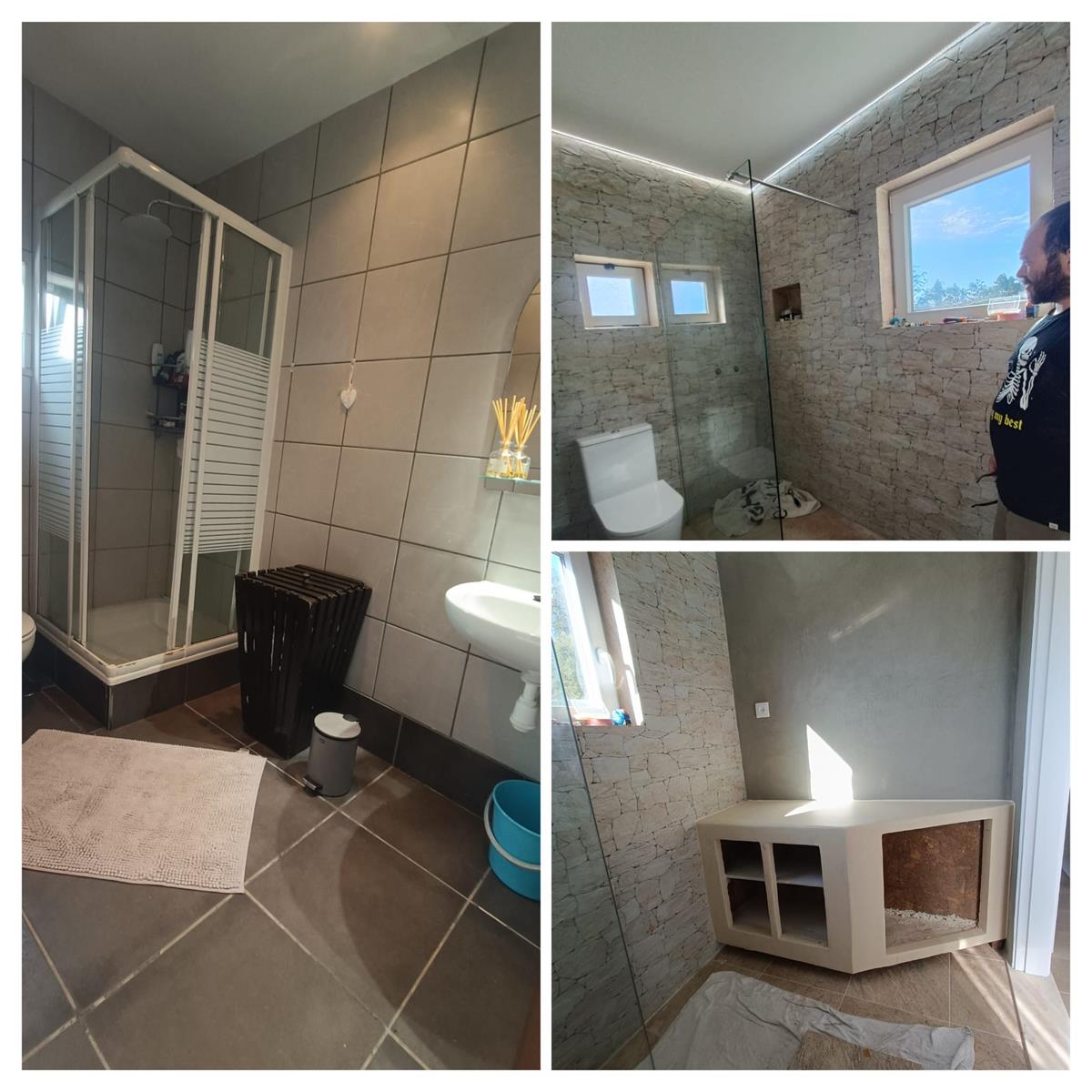 Before-and-after bathroom renovation collage &mdash; tiled shower cubicle transformed into a stone-clad walk-in shower with built-in cabinet, completed by Justin Sterrenberg